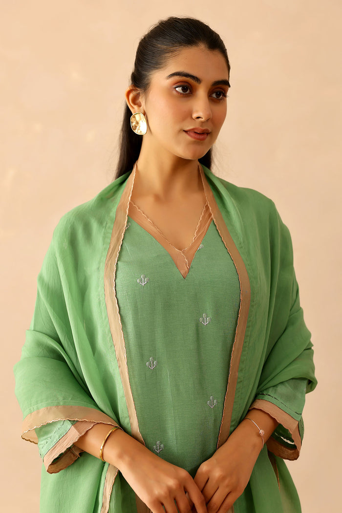 <img> Spring Green Russian Silk Subtle Embroidered Kurti Set