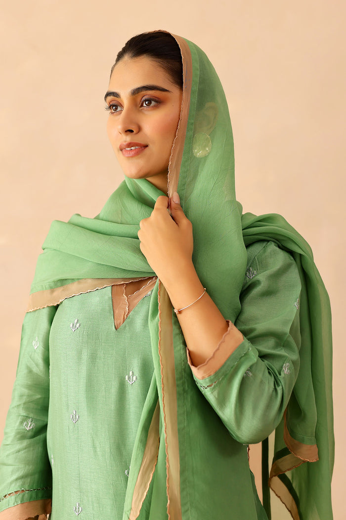 <img> Spring Green Russian Silk Subtle Embroidered Kurti Set