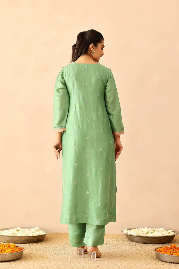 <img> Spring Green Russian Silk Subtle Embroidered Kurti Set