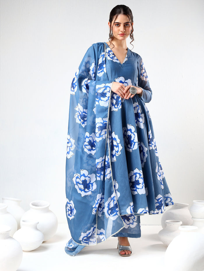 Steel Blue Floral Printed Cotton Anarkali Set