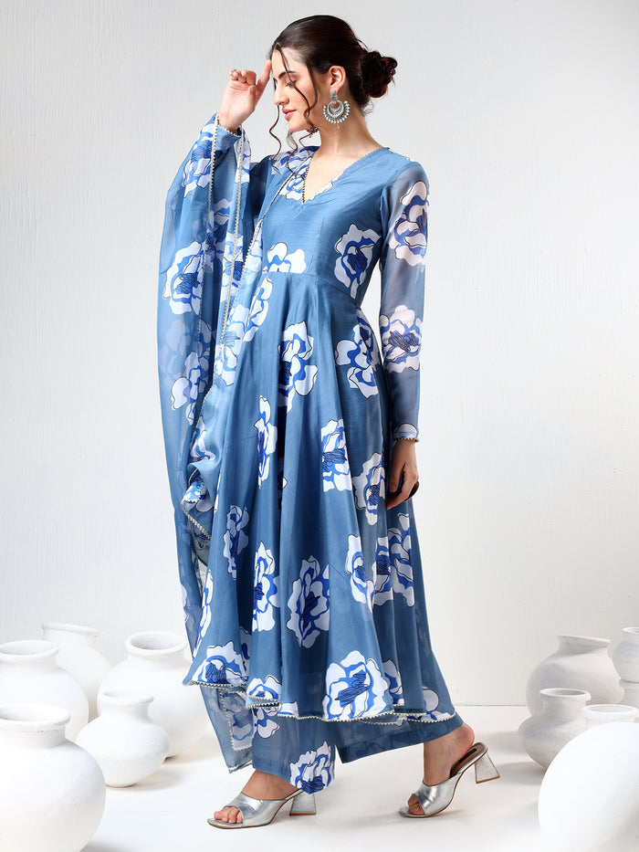 Steel Blue Floral Printed Cotton Anarkali Set