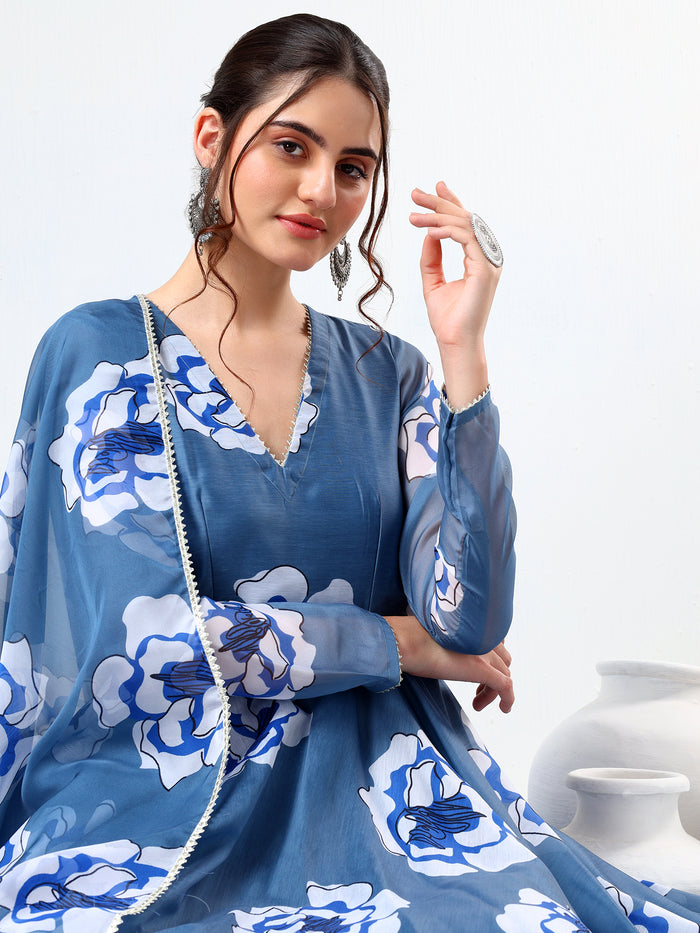 Steel Blue Floral Printed Cotton Anarkali Set