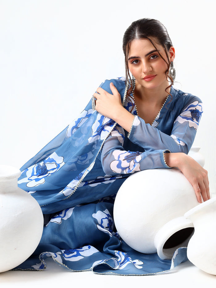 Steel Blue Floral Printed Cotton Anarkali Set