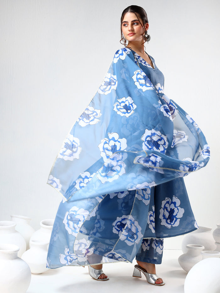 Steel Blue Floral Printed Cotton Anarkali Set