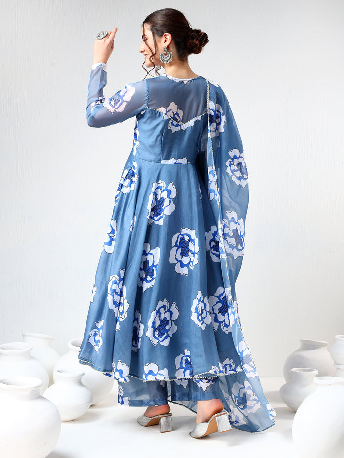 Steel Blue Floral Printed Cotton Anarkali Set
