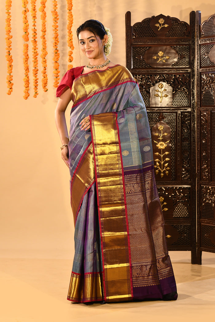 Steel Blue With Purple Contrast Border And Gold Zari Buttis On Kanjivaram Silk Saree