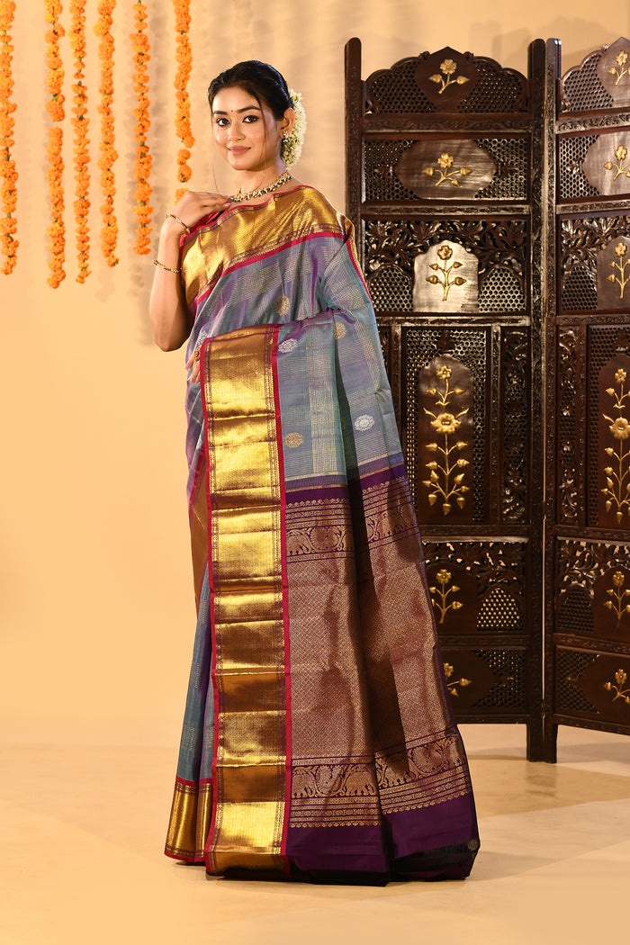 Steel Blue With Purple Contrast Border And Gold Zari Buttis On Kanjivaram Silk Saree
