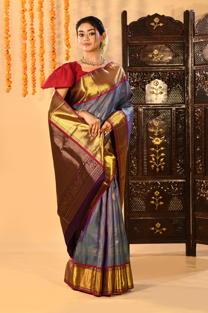Steel Blue With Purple Contrast Border And Gold Zari Buttis On Kanjivaram Silk Saree