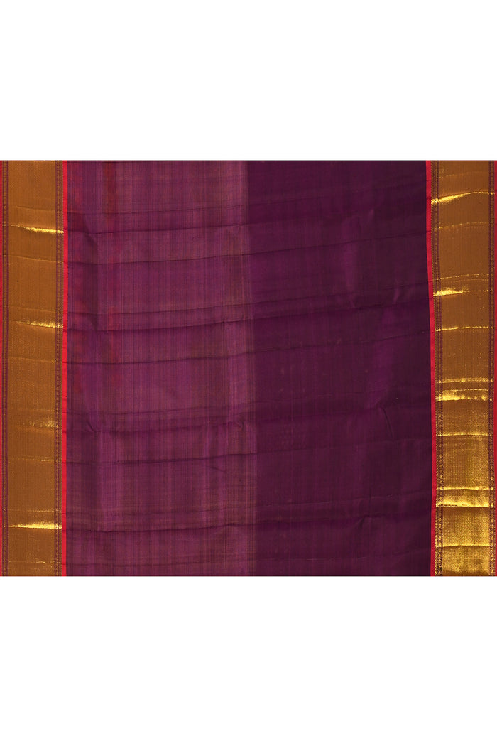 Steel Blue With Purple Contrast Border And Gold Zari Buttis On Kanjivaram Silk Saree