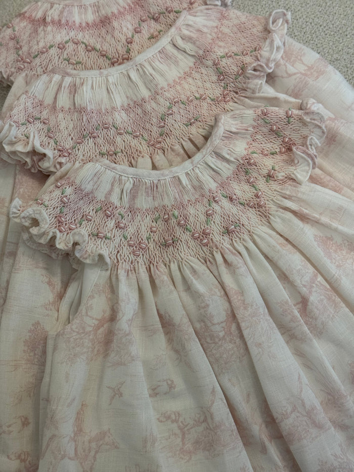 Stephanie Toile de Jouy Pink Handsmocked Dress