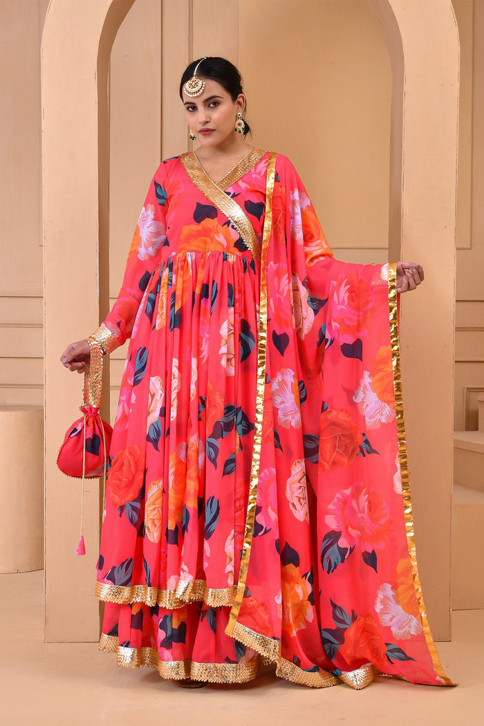 <img> Strawberry Pink Georgette Anarkali Set With Floral Prints