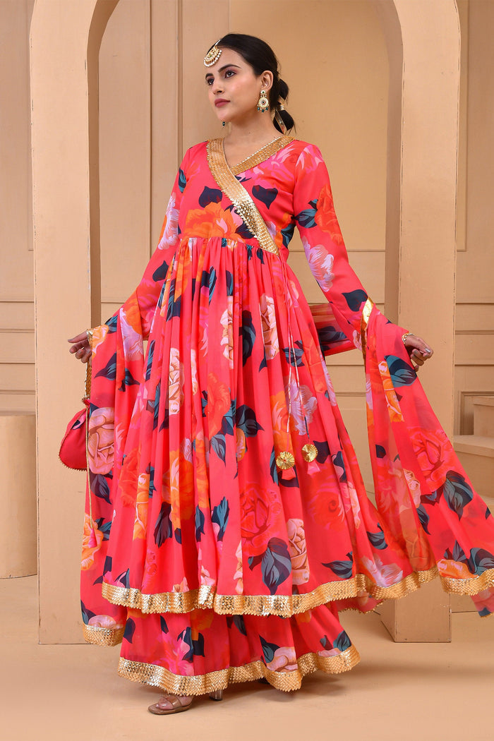 <img> Strawberry Pink Georgette Anarkali Set With Floral Prints