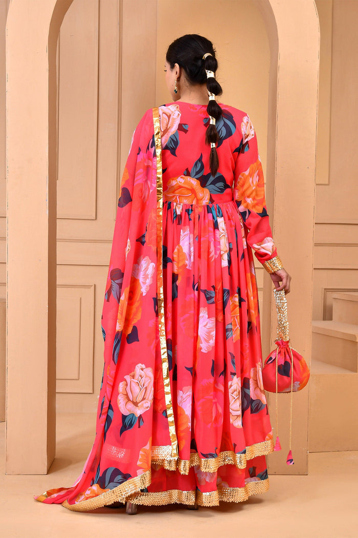 <img> Strawberry Pink Georgette Anarkali Set With Floral Prints