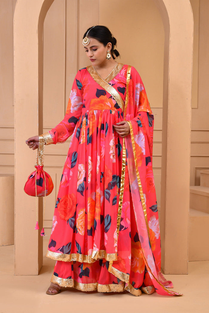 <img> Strawberry Pink Georgette Anarkali Set With Floral Prints