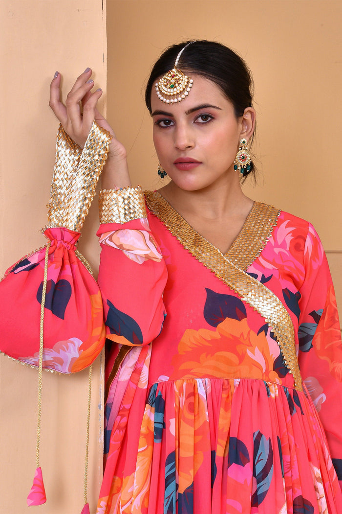 <img> Strawberry Pink Georgette Anarkali Set With Floral Prints