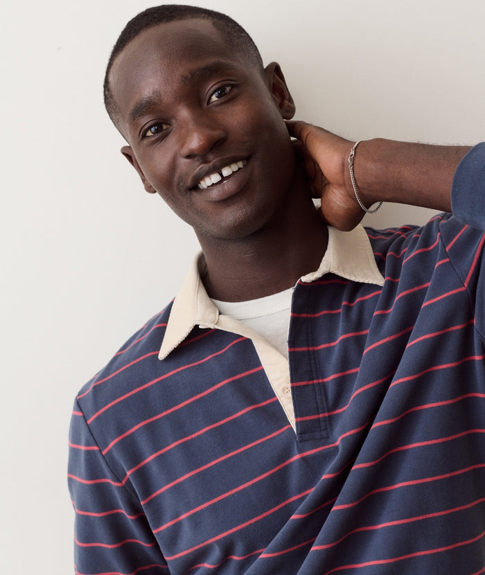 Sueded Rugby Polo - Navy / Red Stripe