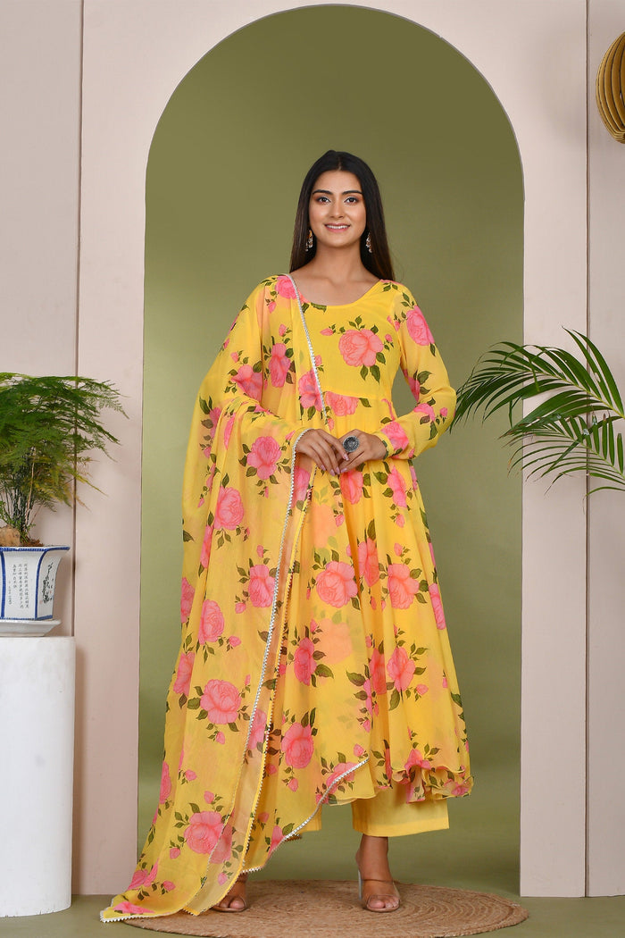 <img> Summer Daffodil Yellow Muslin Anarkali Set