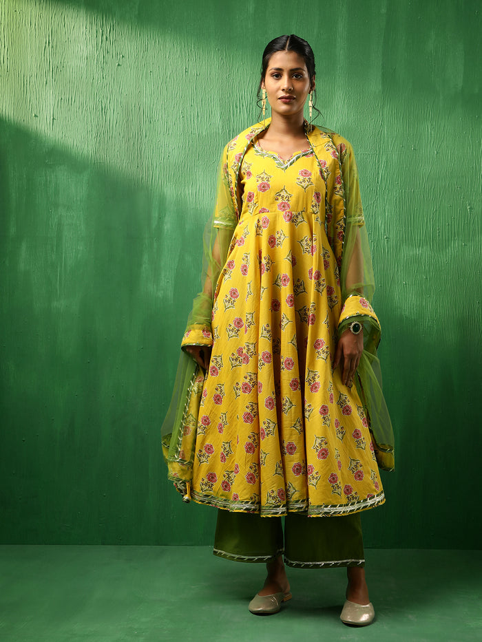Sunflower Yellow Floral Printed Crepe Anarkali Set