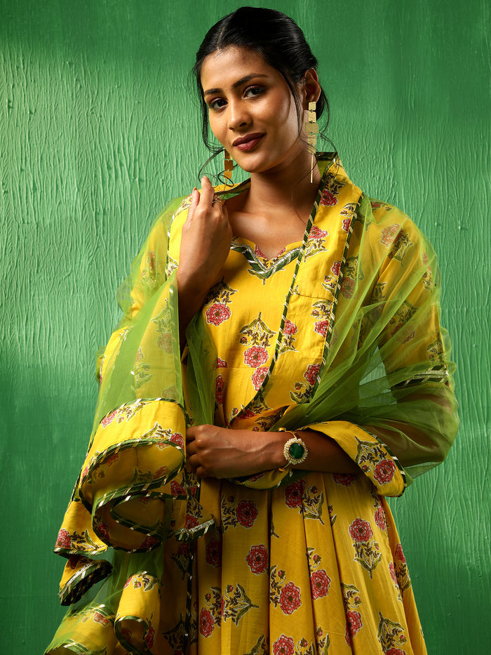 Sunflower Yellow Floral Printed Crepe Anarkali Set