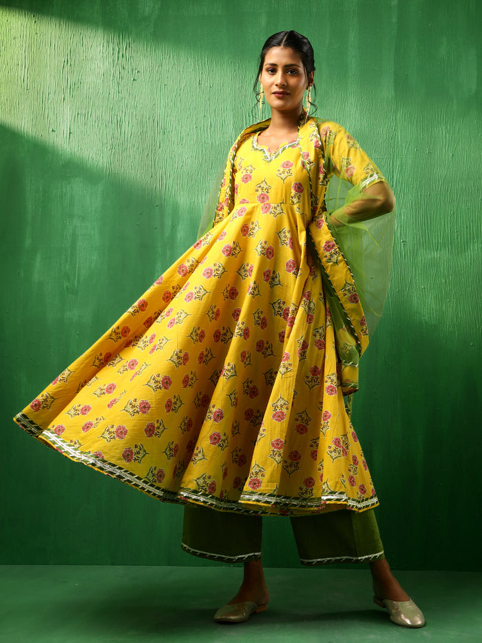 Sunflower Yellow Floral Printed Crepe Anarkali Set