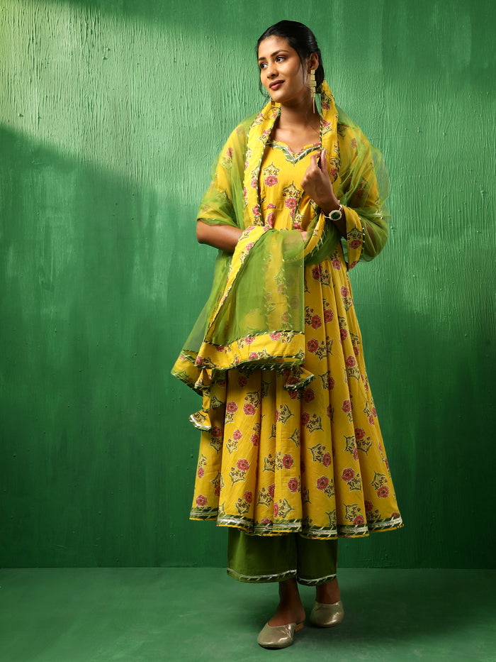 Sunflower Yellow Floral Printed Crepe Anarkali Set