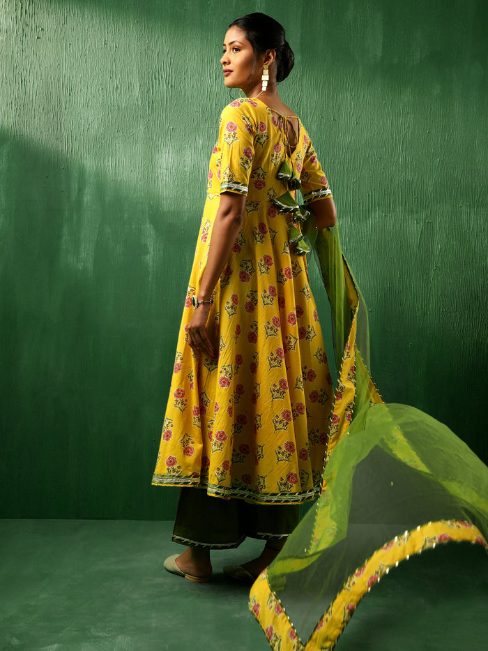Sunflower Yellow Floral Printed Crepe Anarkali Set