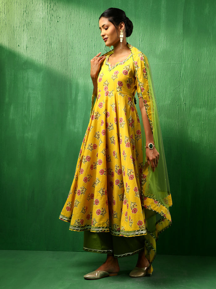Sunflower Yellow Floral Printed Crepe Anarkali Set