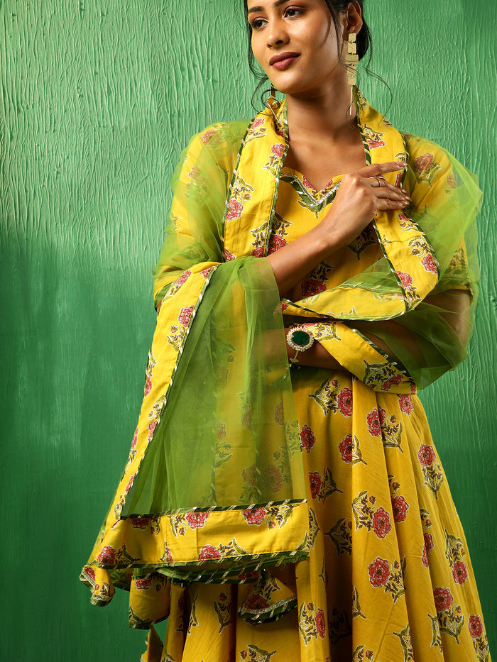 Sunflower Yellow Floral Printed Crepe Anarkali Set