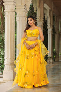 <img> Sunflower Yellow Organza Floral Lehenga Set