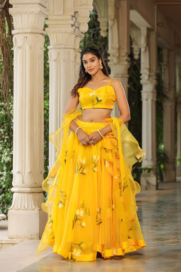 <img> Sunflower Yellow Organza Floral Lehenga Set