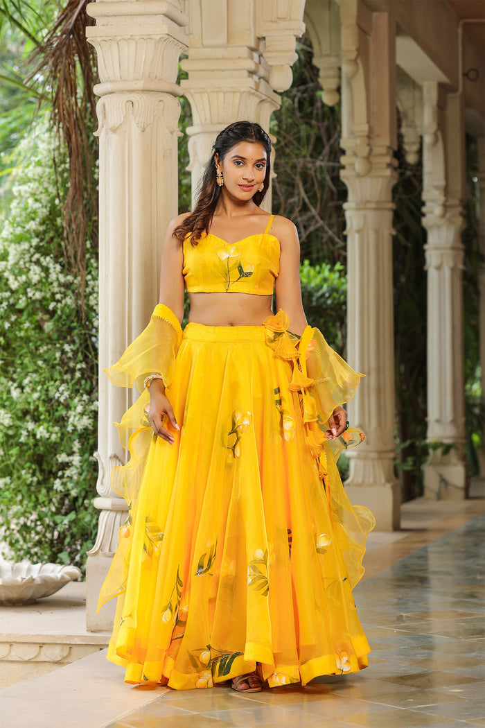<img> Sunflower Yellow Organza Floral Lehenga Set
