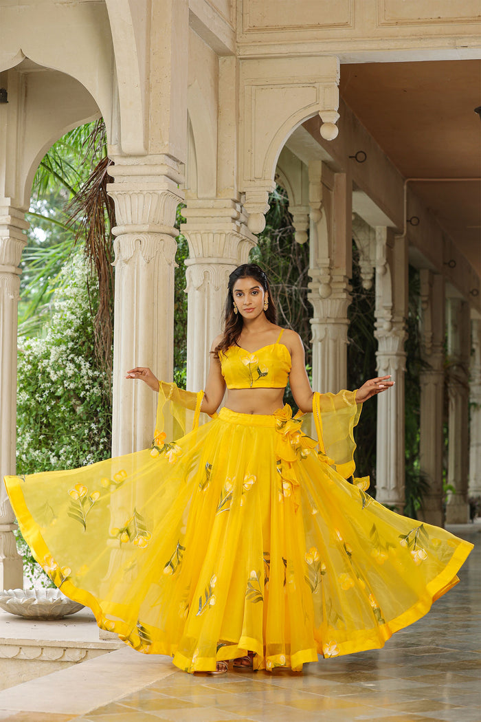 <img> Sunflower Yellow Organza Floral Lehenga Set