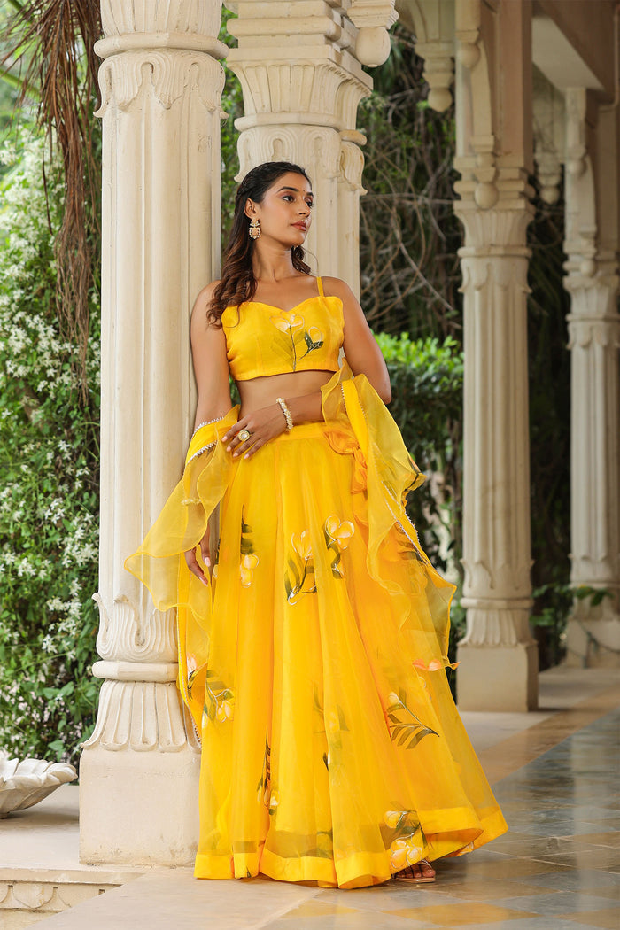 <img> Sunflower Yellow Organza Floral Lehenga Set