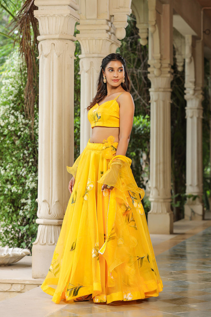 <img> Sunflower Yellow Organza Floral Lehenga Set