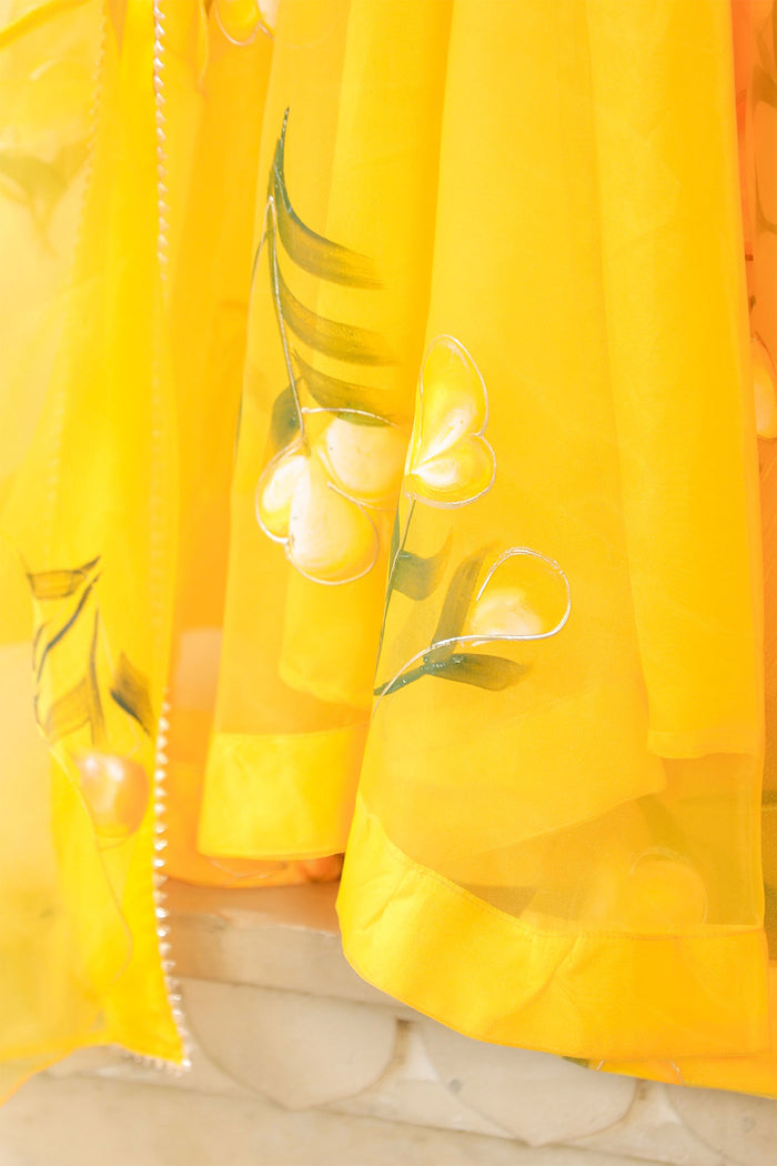 <img> Sunflower Yellow Organza Floral Lehenga Set