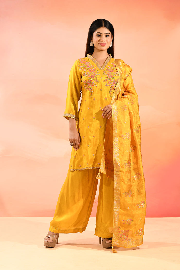 Sunlit Marigold Embroidered Silk Blend Straight Cut Suit Set