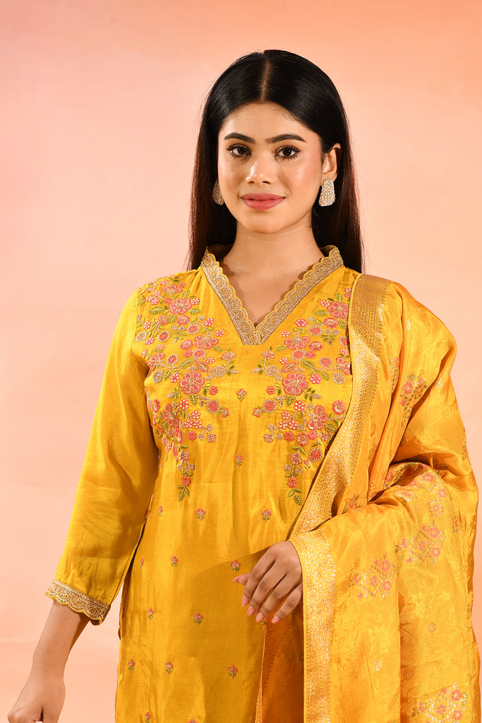 Sunlit Marigold Embroidered Silk Blend Straight Cut Suit Set