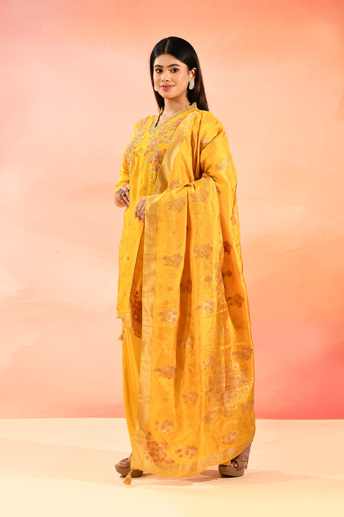 Sunlit Marigold Embroidered Silk Blend Straight Cut Suit Set