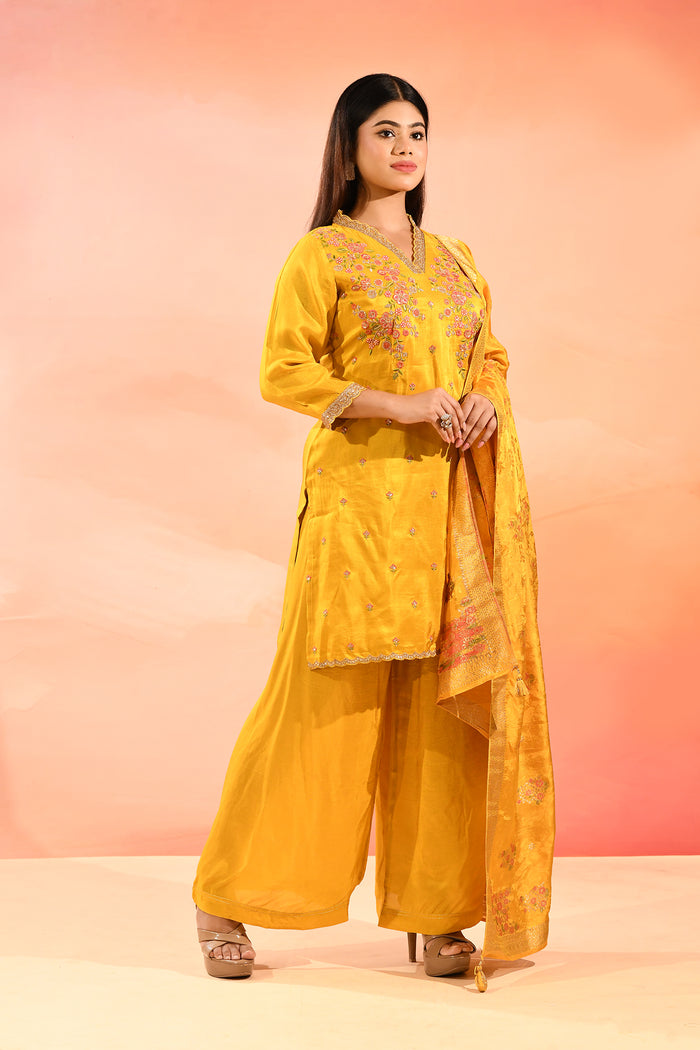 Sunlit Marigold Embroidered Silk Blend Straight Cut Suit Set