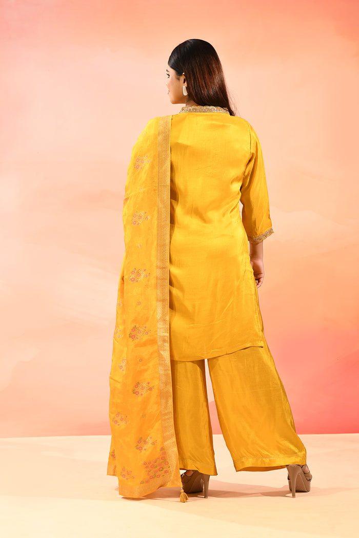 Sunlit Marigold Embroidered Silk Blend Straight Cut Suit Set