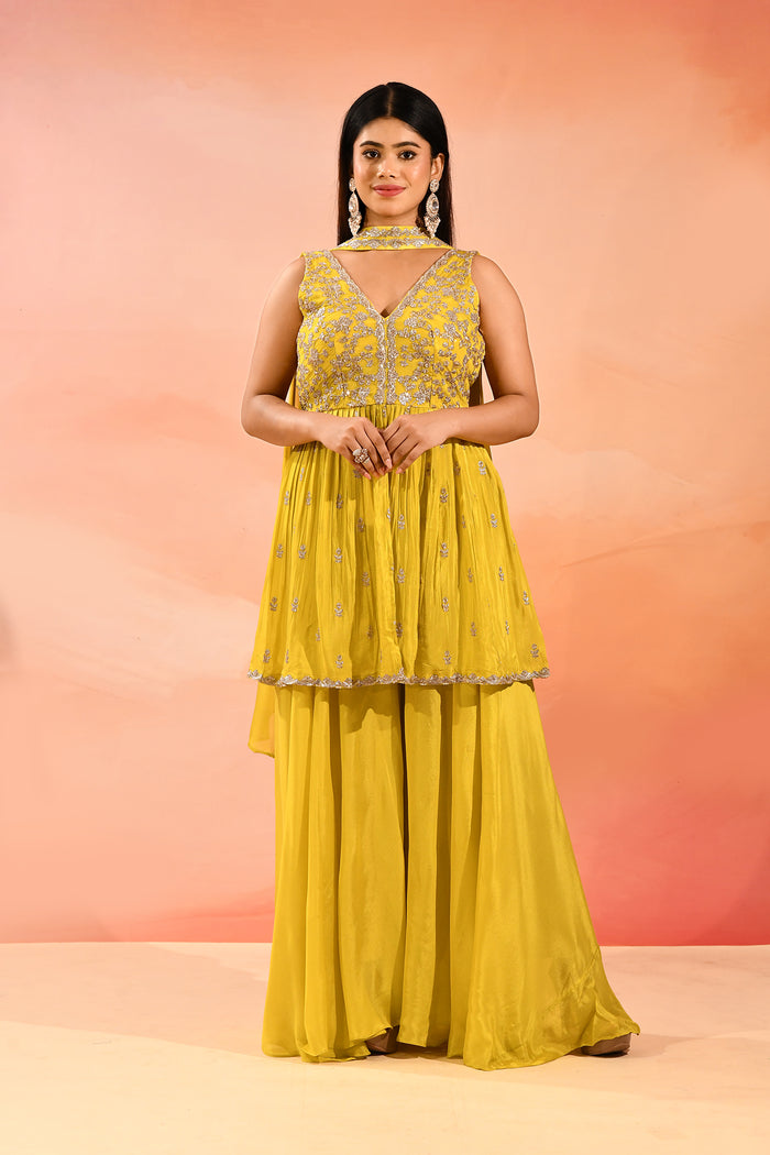 Sunlit Marigold Floral Jaal Emnrodiery Peplum Set