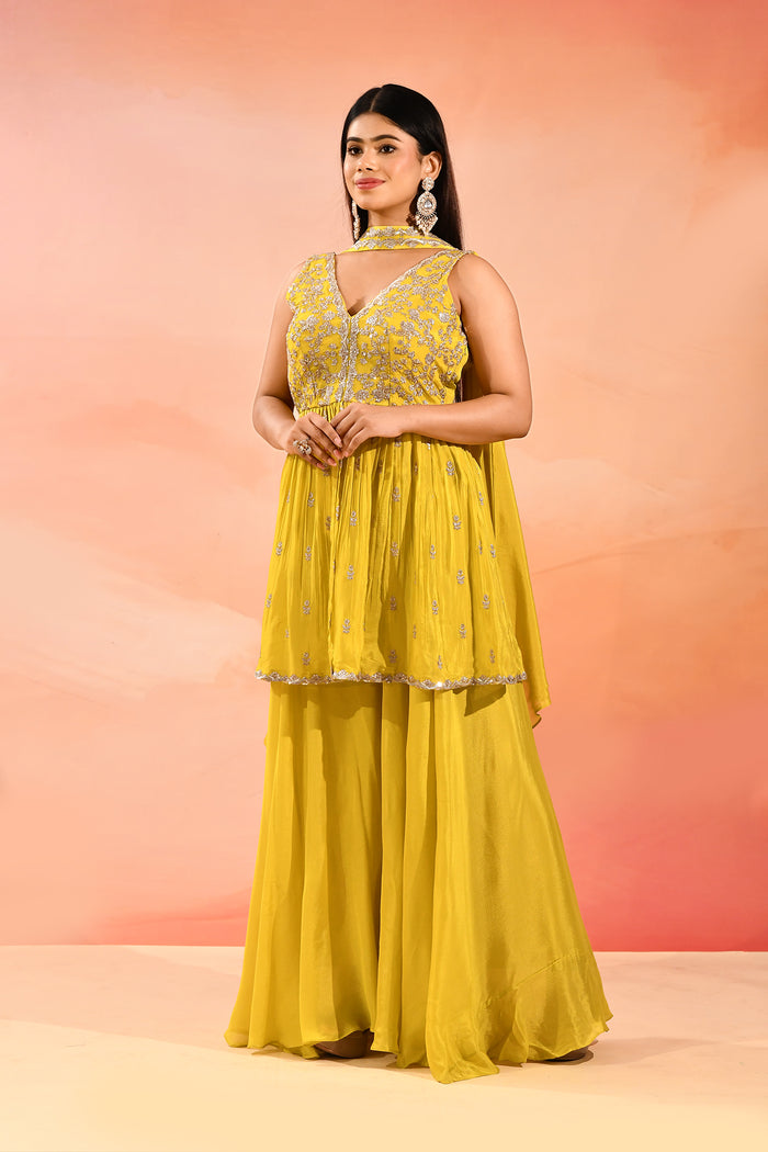 Sunlit Marigold Floral Jaal Emnrodiery Peplum Set