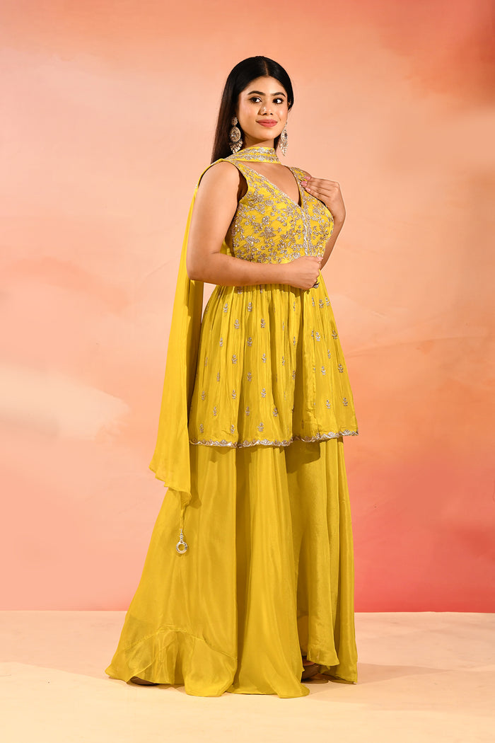 Sunlit Marigold Floral Jaal Emnrodiery Peplum Set