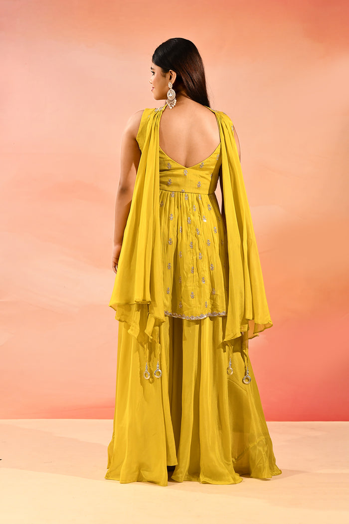 Sunlit Marigold Floral Jaal Emnrodiery Peplum Set
