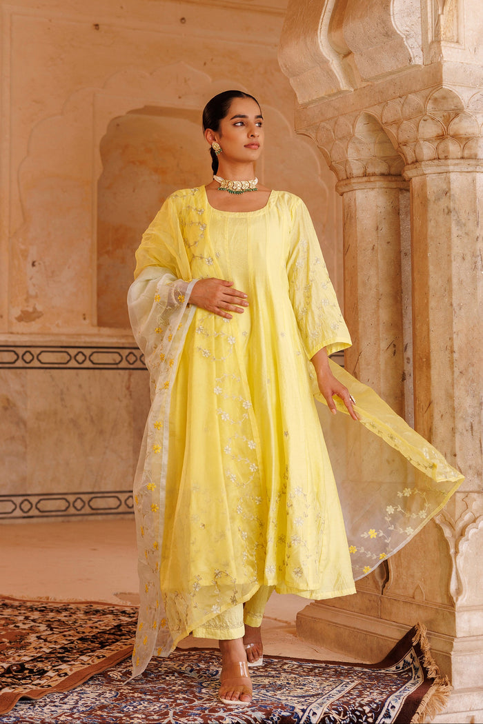 Sunny Yellow Chanderi Anarkali With Silver Embroidery