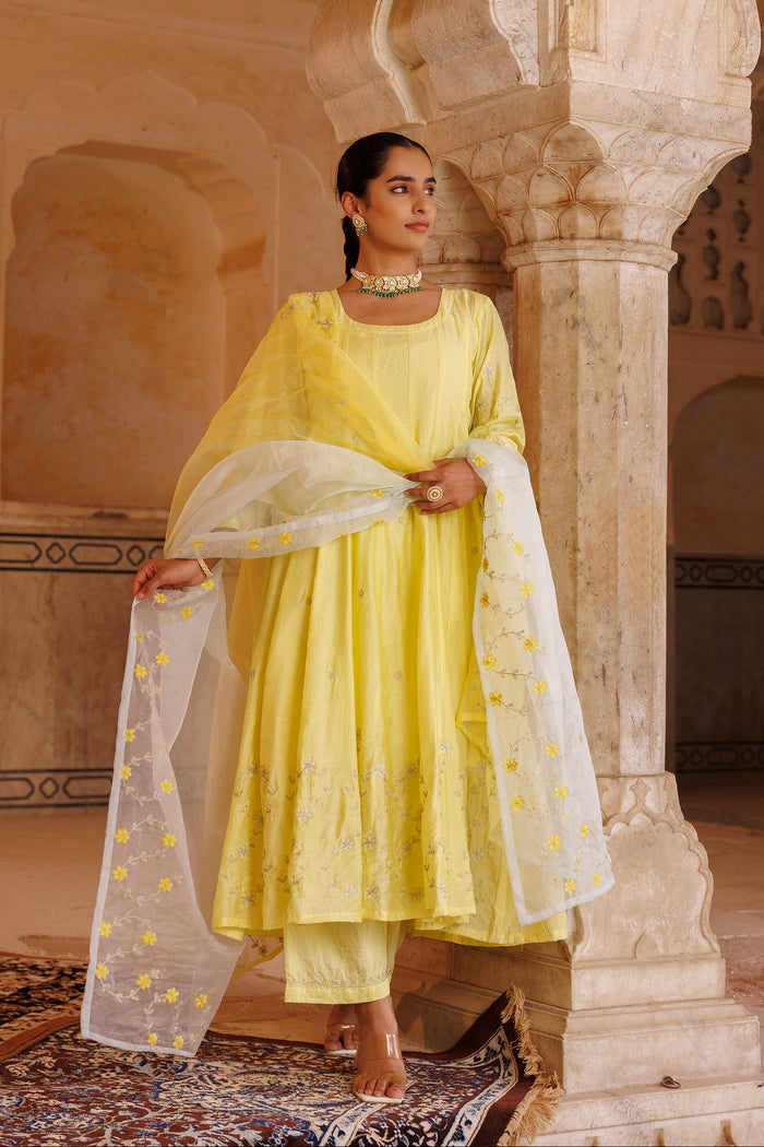 Sunny Yellow Chanderi Anarkali With Silver Embroidery