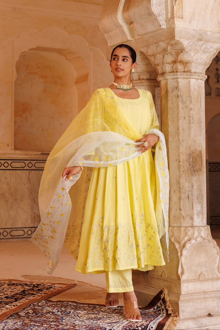 Sunny Yellow Chanderi Anarkali With Silver Embroidery