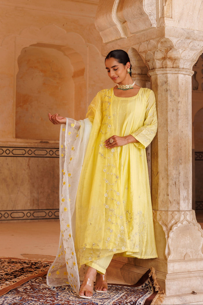 Sunny Yellow Chanderi Anarkali With Silver Embroidery