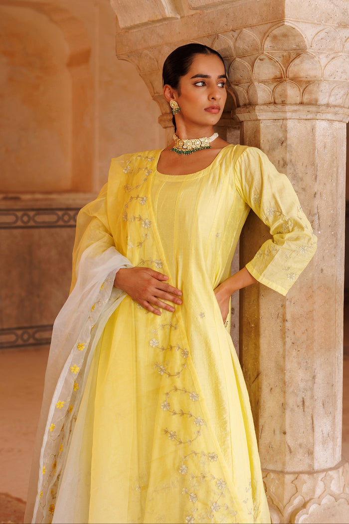 Sunny Yellow Chanderi Anarkali With Silver Embroidery