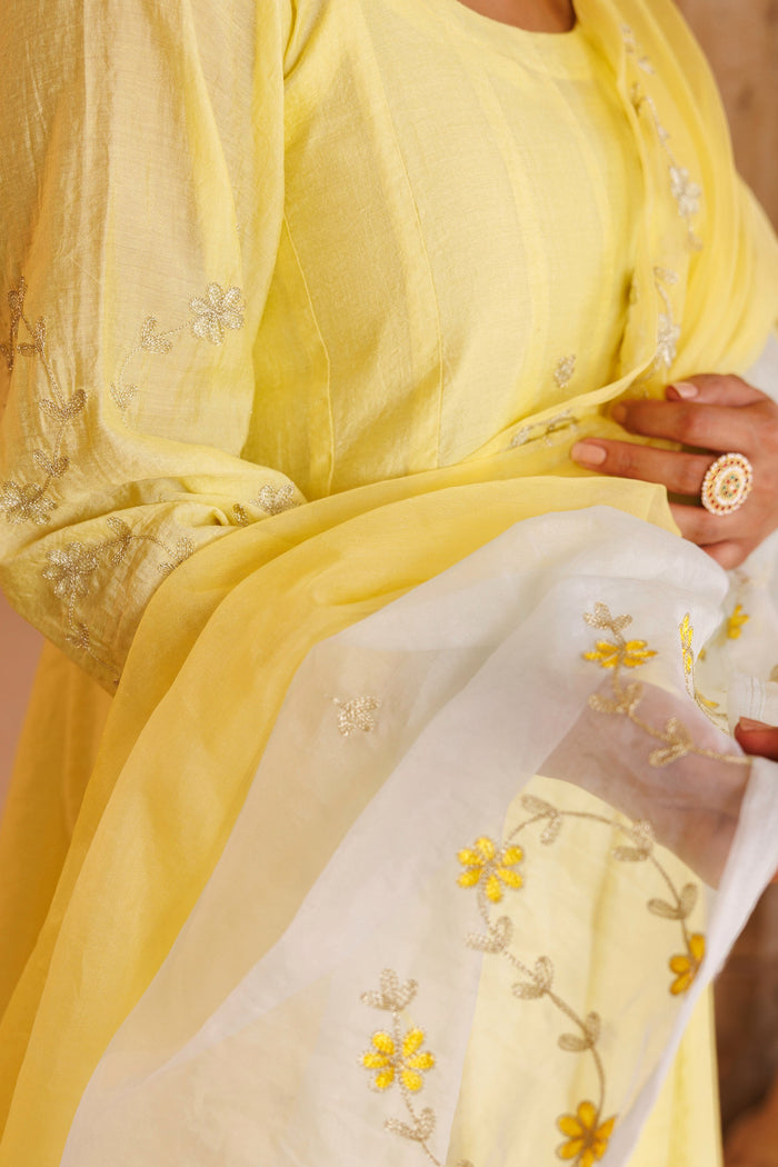 Sunny Yellow Chanderi Anarkali With Silver Embroidery